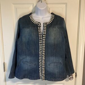 Joan Rivers denim jacket with pearl embellishments and eyelet closures-medium